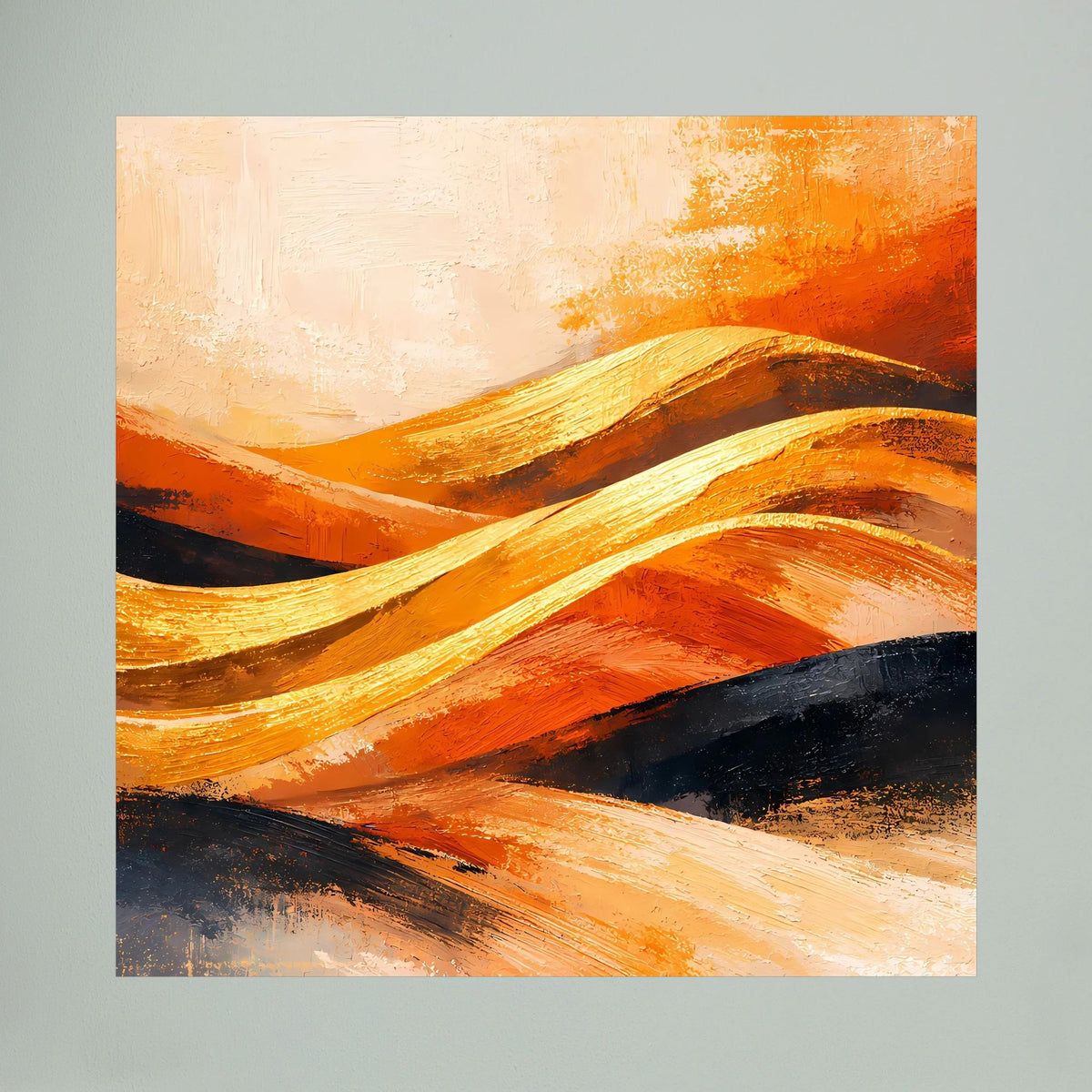 Abstraktes Leinwand-Wandbild, Nahansicht: geschwungene Dünen in Gold, Orange und Dunkelblau