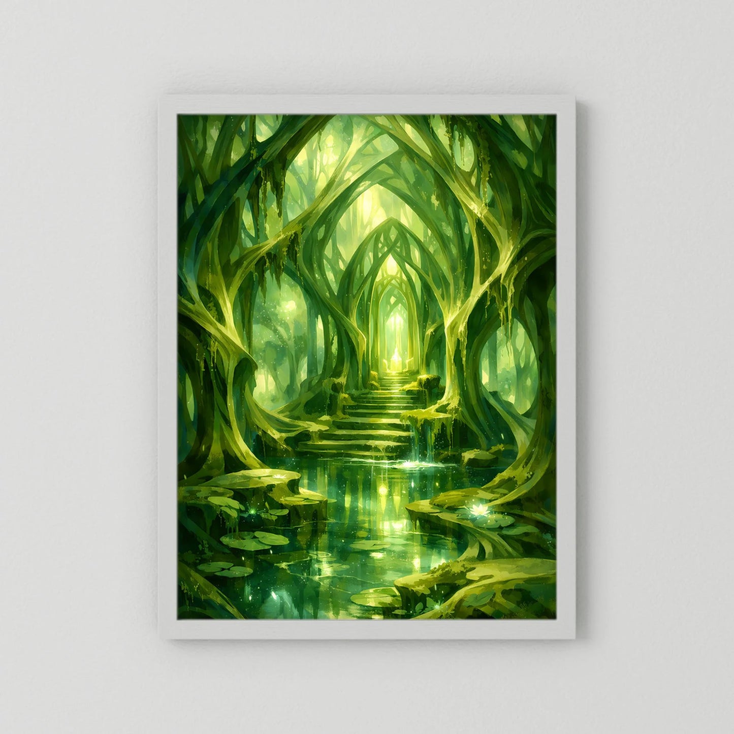 Kunstposter mit weißem Rahmen und grünem Waldtempel-Motiv mit Lichtspur im Wasser