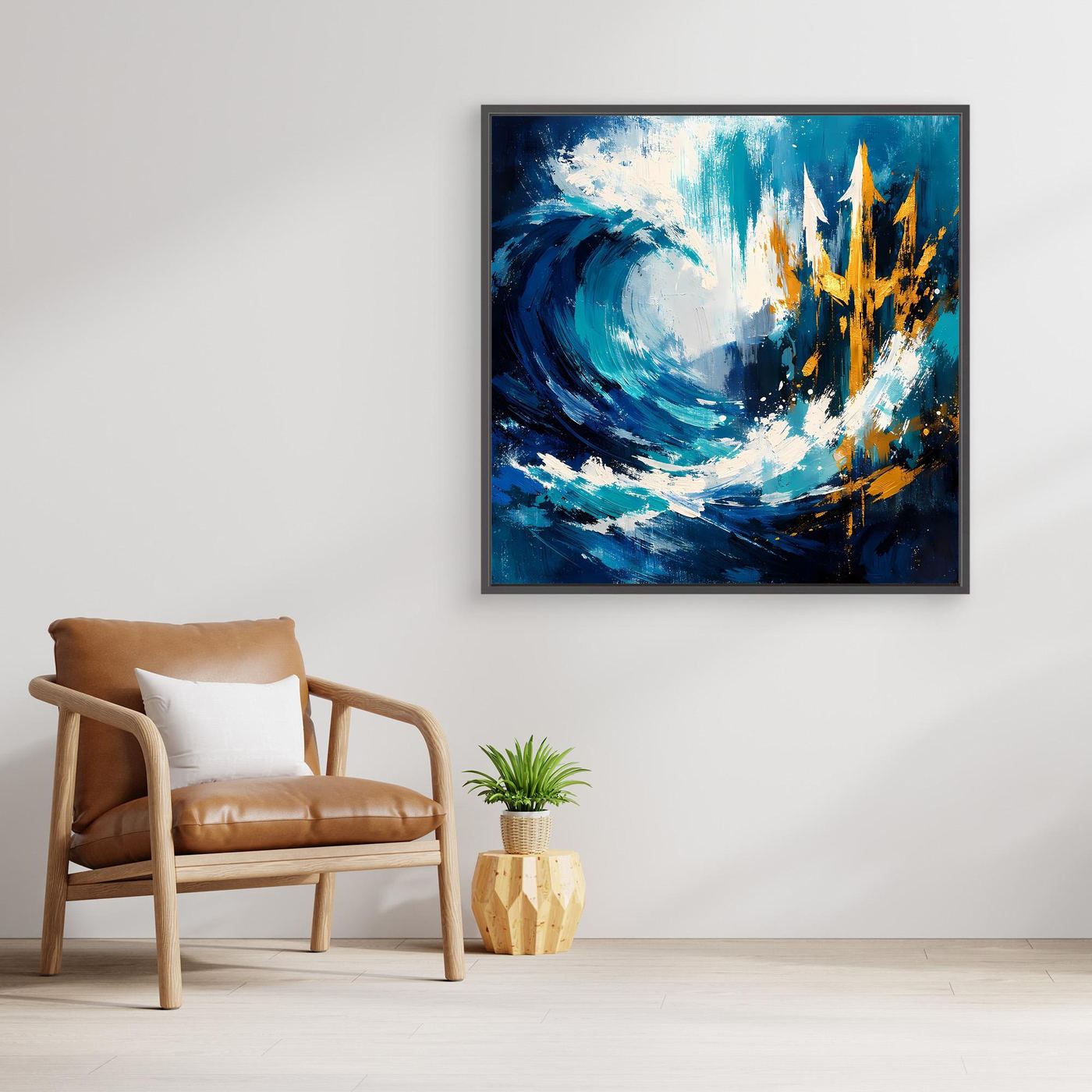 Square nautical wall art with blue waves and golden trident, black frame