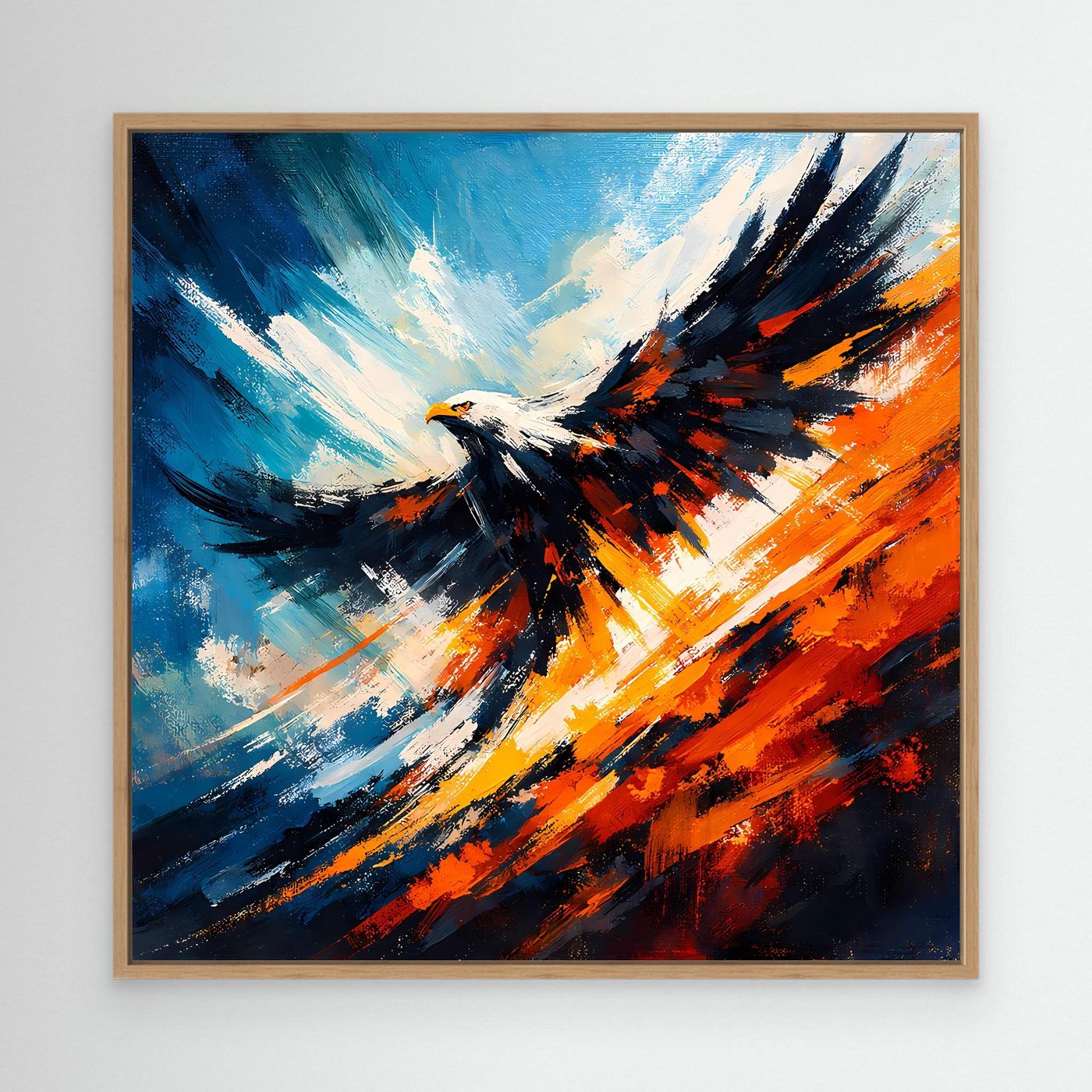 Abstraktes Leinwand-Wandbild mit Adler im Flug, schwarzer Pinselstrich, Eichenrahmen