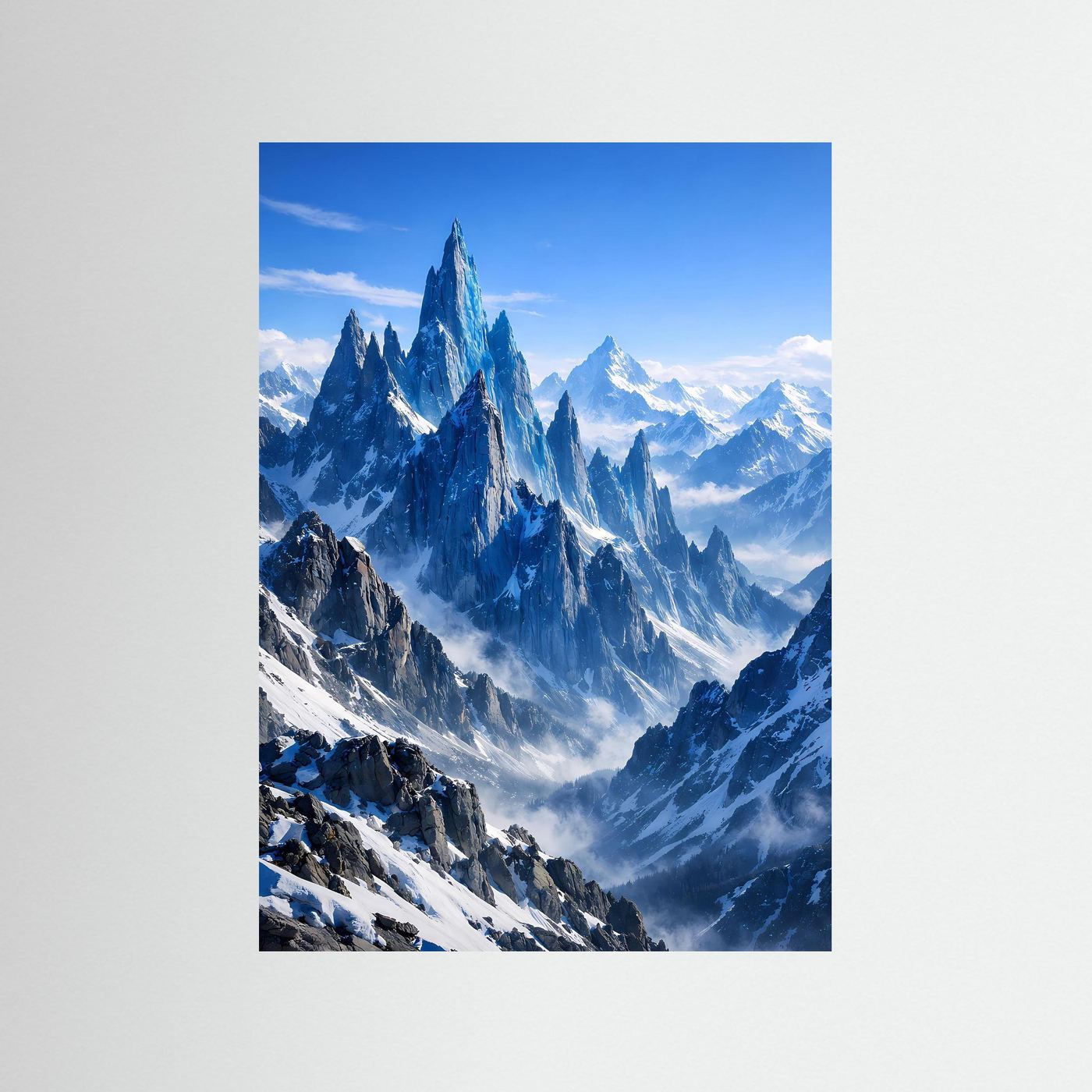 Alpenkunstposter mit schneebedeckten Berggipfeln im Hochformat, ohne Rahmen