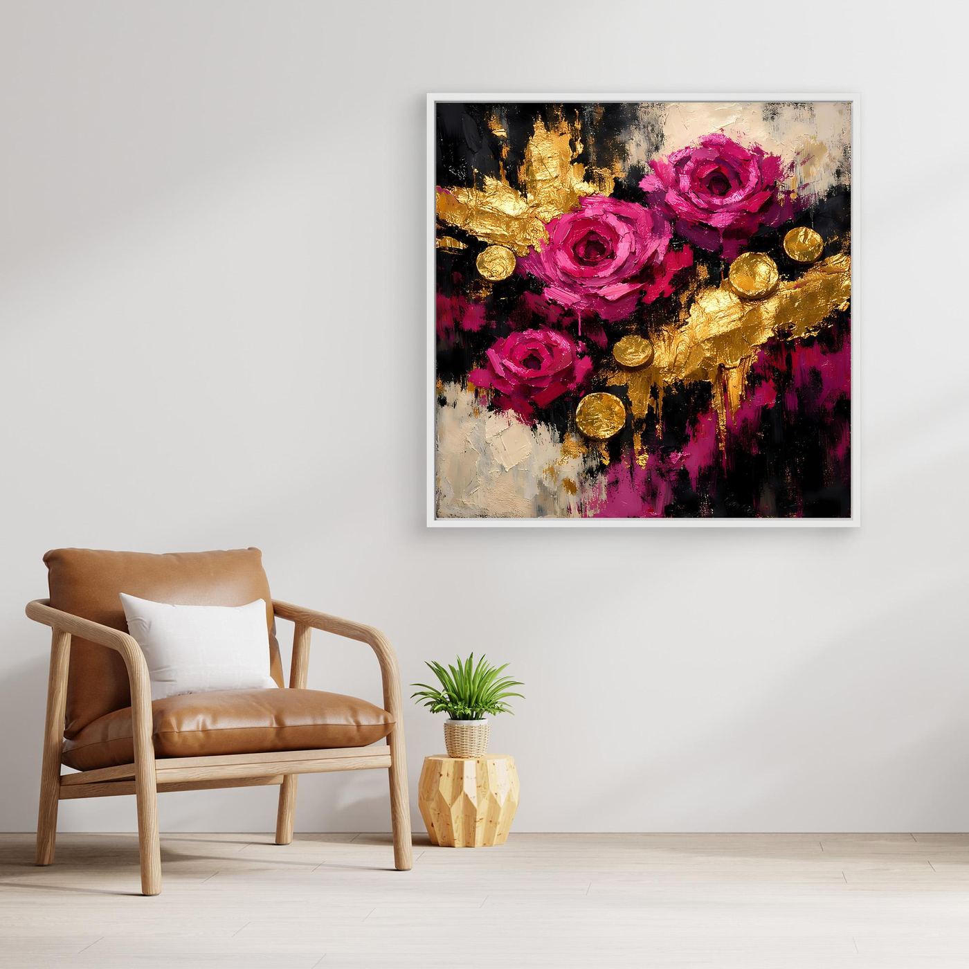 Leinwand Elegante Rosen in Magenta | Abstraktes Blumen Wandbild Gold