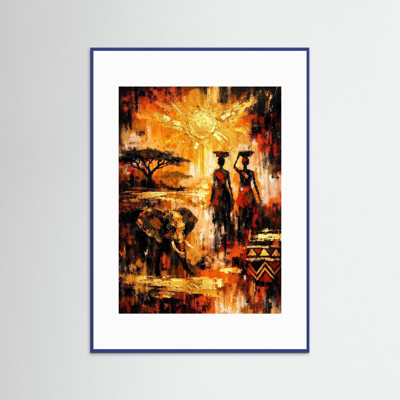 Abstraktes Ethno-Poster: goldene Sonne, orange Figuren, schwarzer Baum im blauen Rahmen