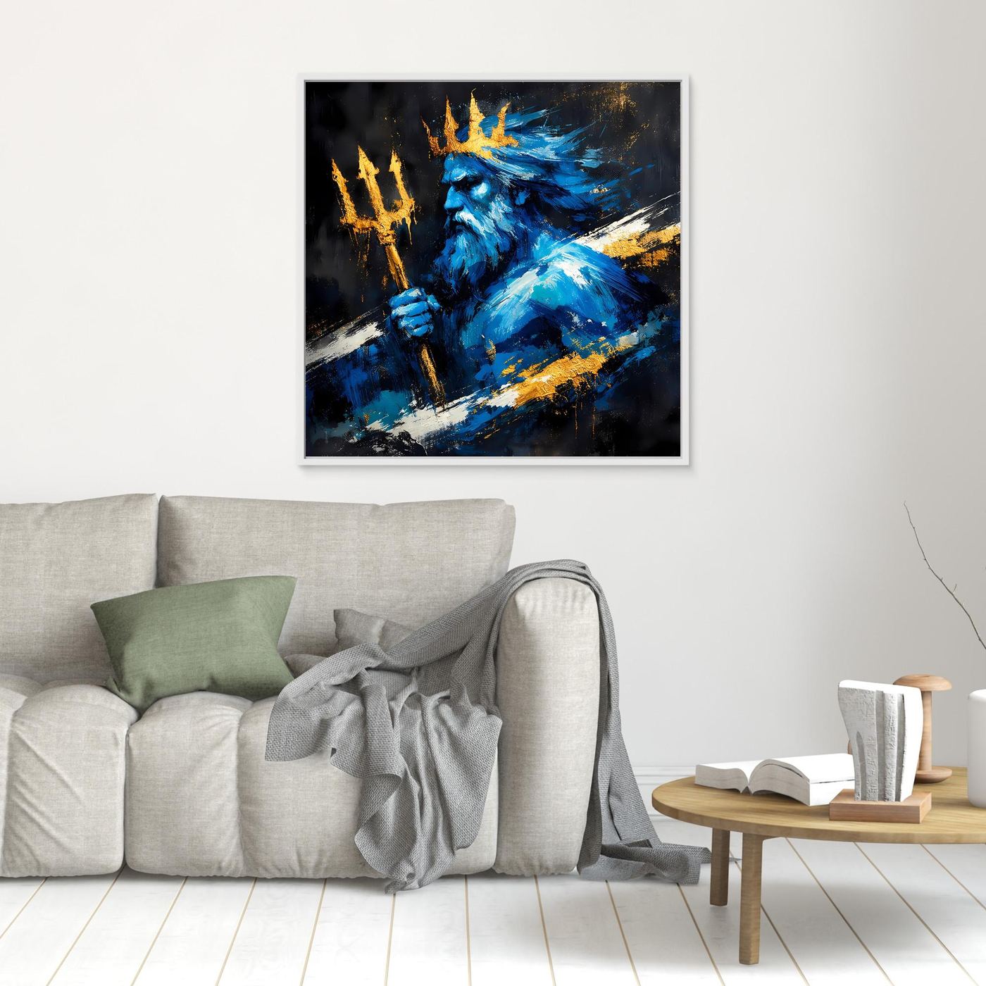 Leinwand Poseidon Gott des Meeres | Abstraktes Mythologie Wandbild Blau Gold