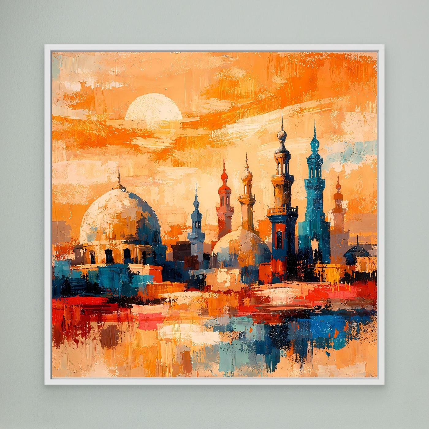 Leinwandbild mit abstrakter Skyline und Minaretten im Sonnenuntergang, weiß gerahmt