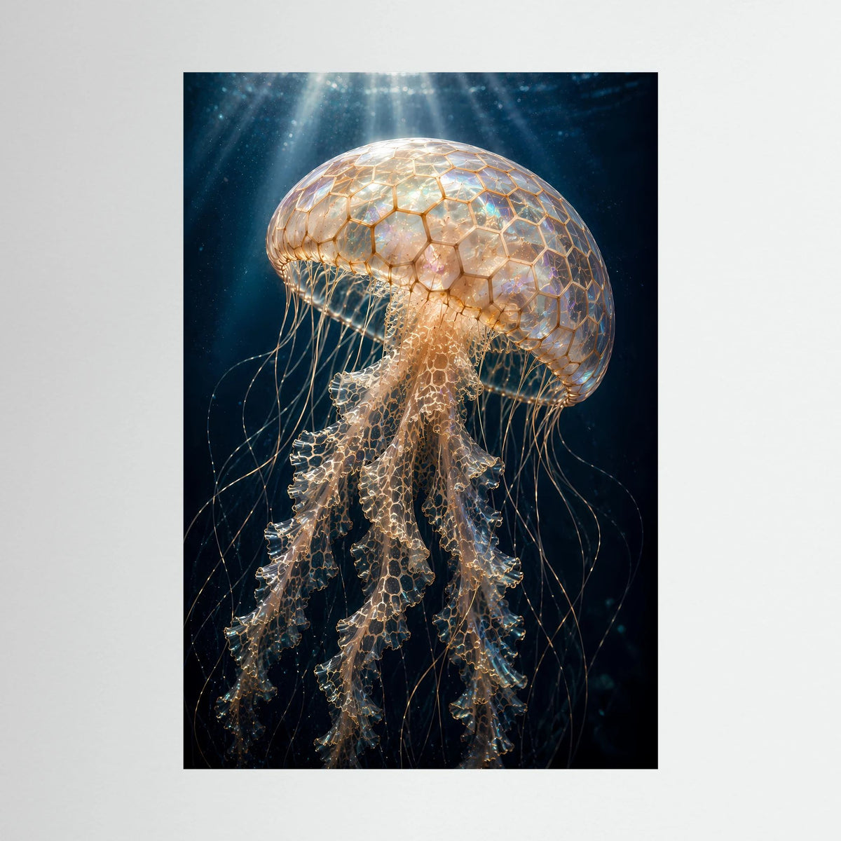 Poster im Hochformat mit leuchtender Qualle, gold-perlmuttfarbenes Schimmern und zarte Tentakel