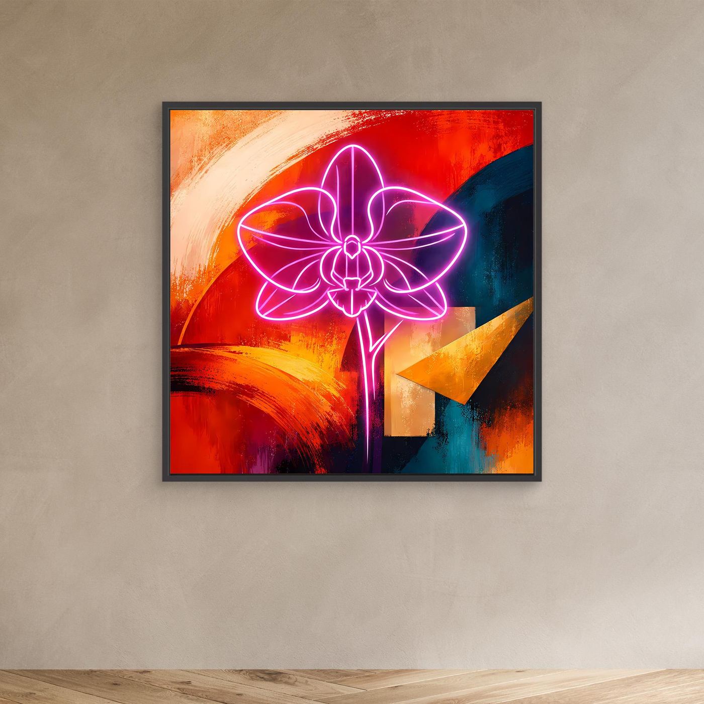 Abstraktes Leinwandbild mit leuchtender Neon-Orchidee in Pink, mit schwarzem Rahmen