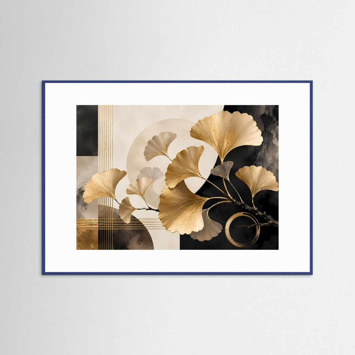 Botanisches Wandbild mit Ginkgo-Blättern in Goldtönen, blauer Holzrahmen, weißes Passepartout