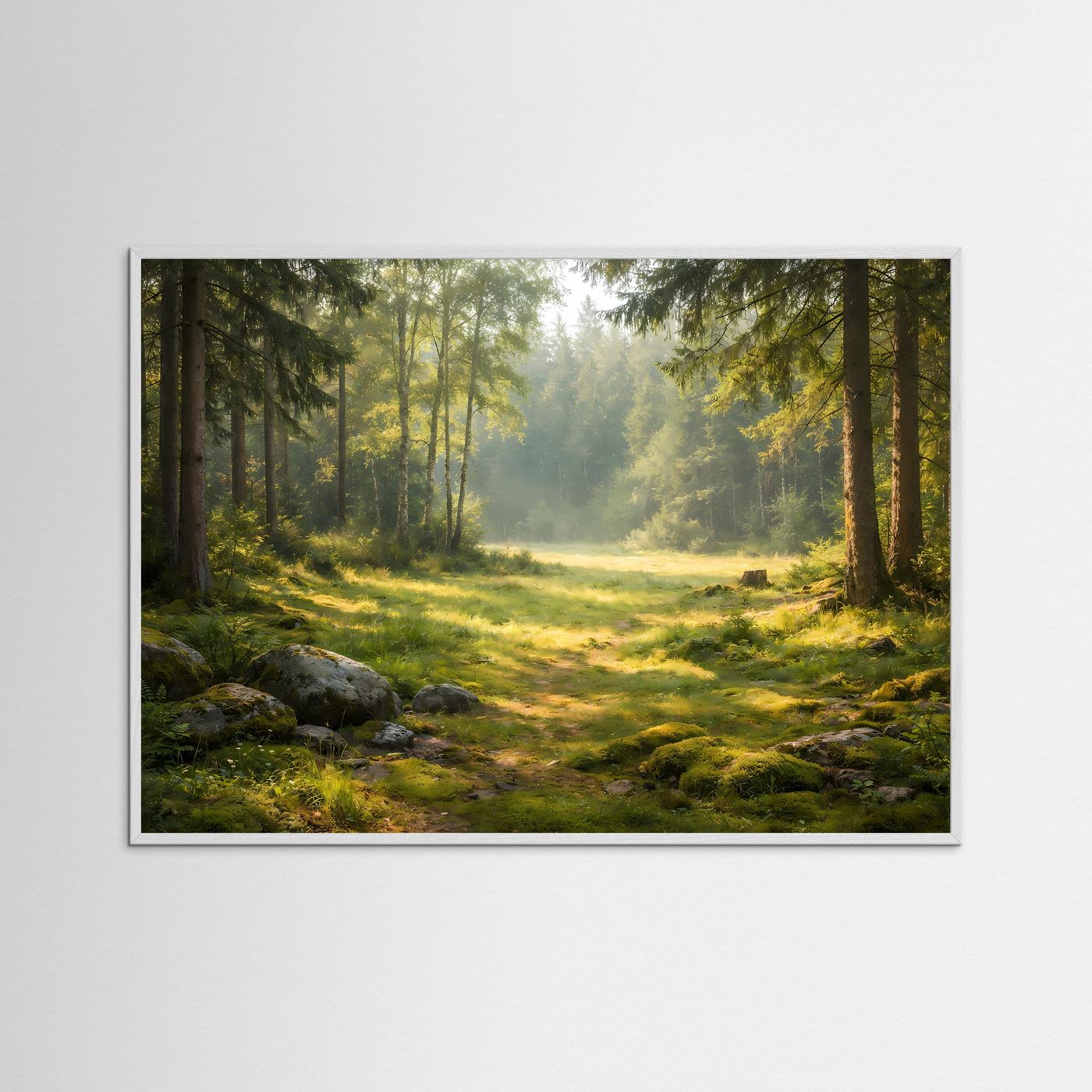 Sonnenlicht Wald Poster Querformat | Waldlichtung Natur Wandbild | Ruhige Landschaft Moderne Waldkunst