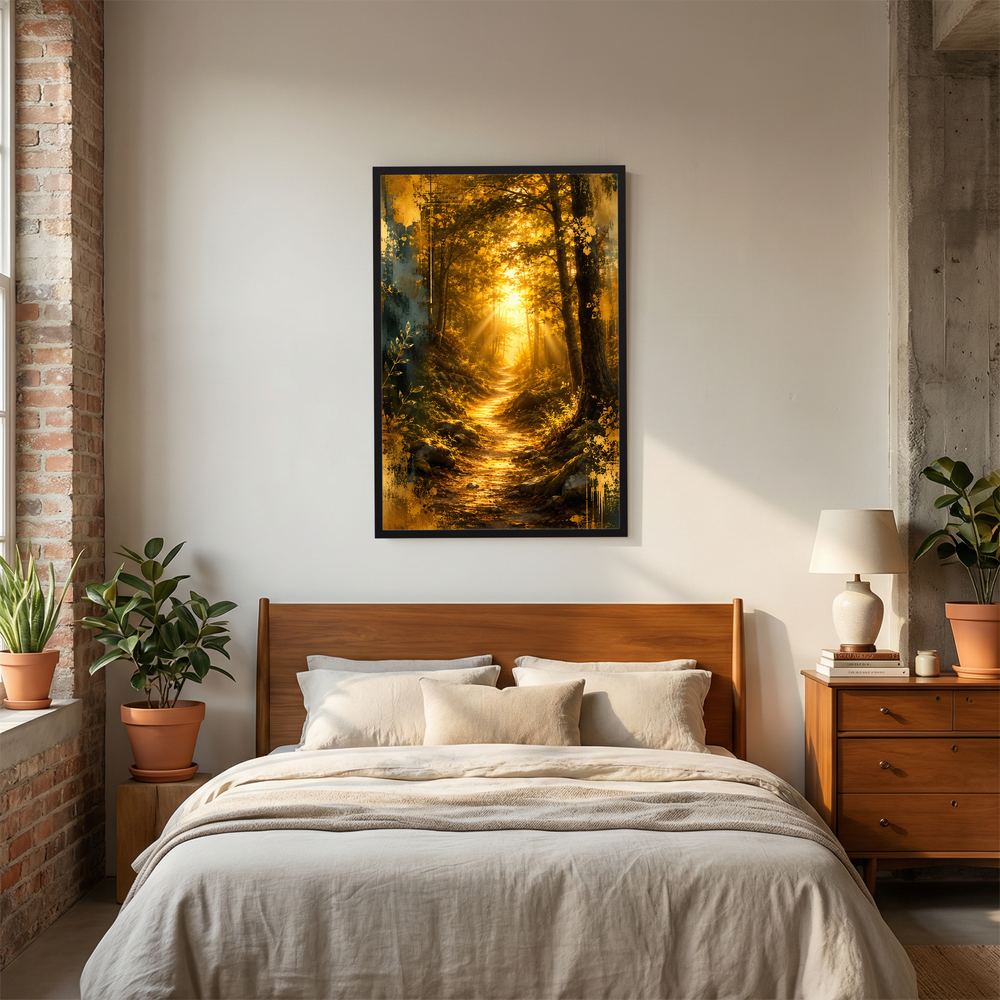 Waldweg-Poster mit Sonnenlicht im schwarzen Rahmen an der Wand
