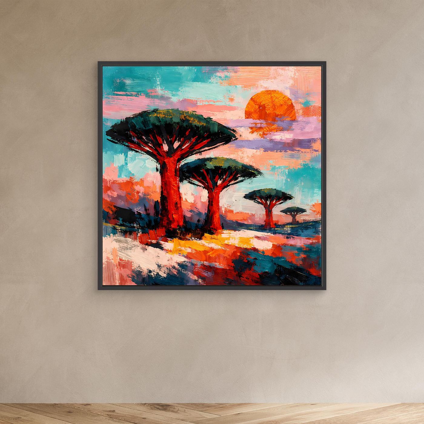 Leinwand Drachenblutbäume bei Sonnenuntergang | Abstraktes Savannen Wandbild