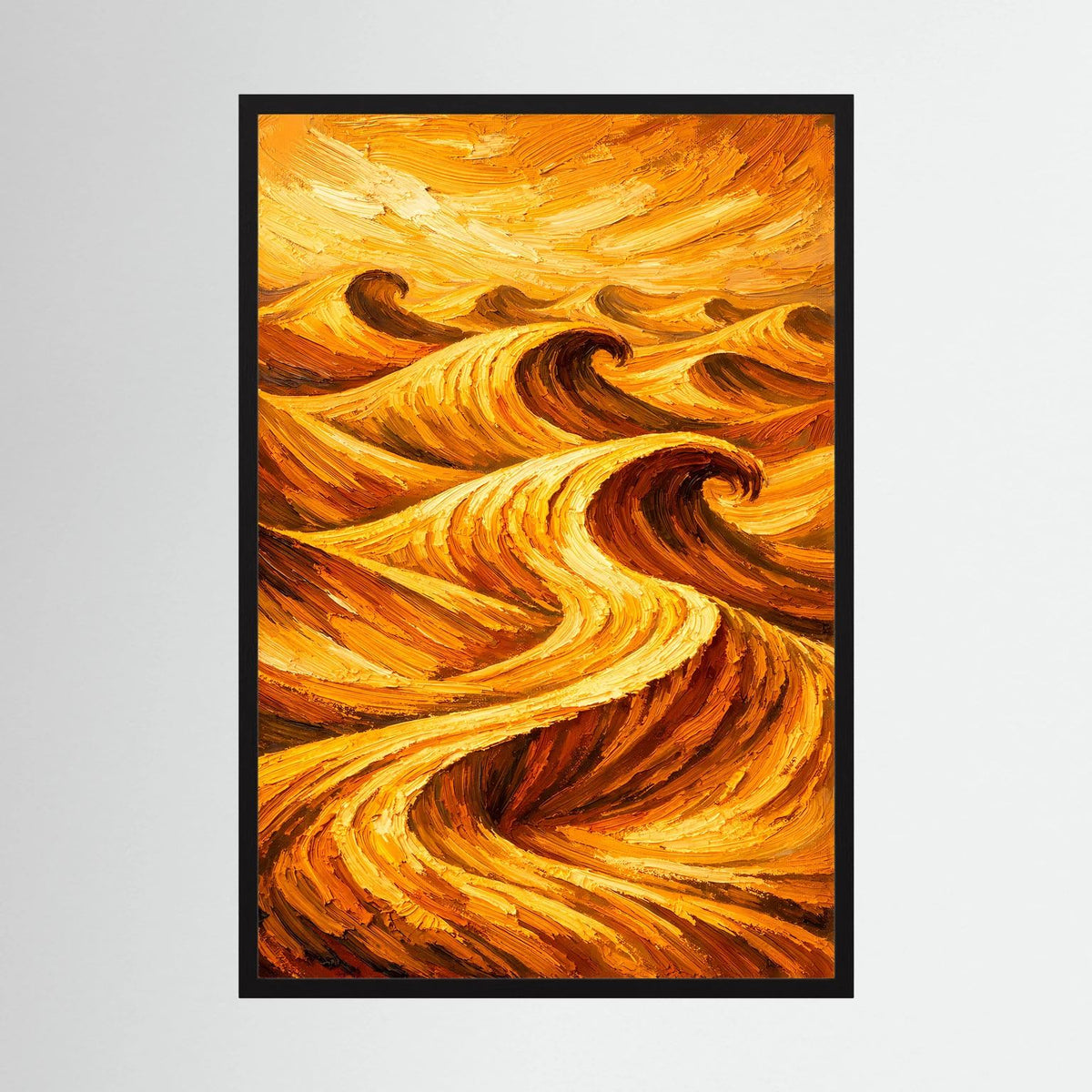 Wandposter mit abstrakten Wellen in Orange und Gold, schwarzer Rahmen, Hochformat