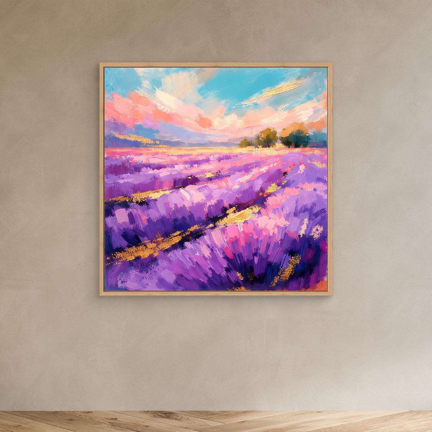 Abstraktes Leinwandbild mit violettem Lavendelfeld, im eichenfarbenen Rahmen