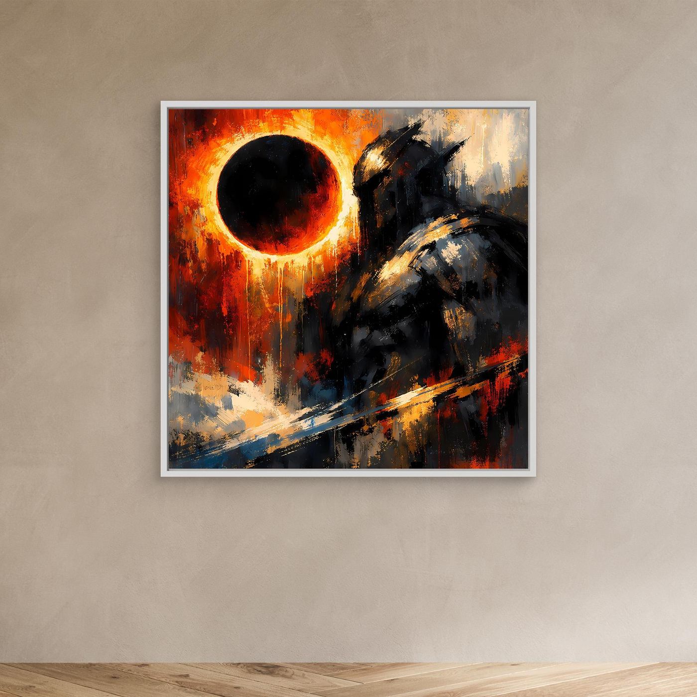 Leinwand-Wandbild im weißen Rahmen: kosmischer Ritter bei Eklipse, leuchtender Kreis
