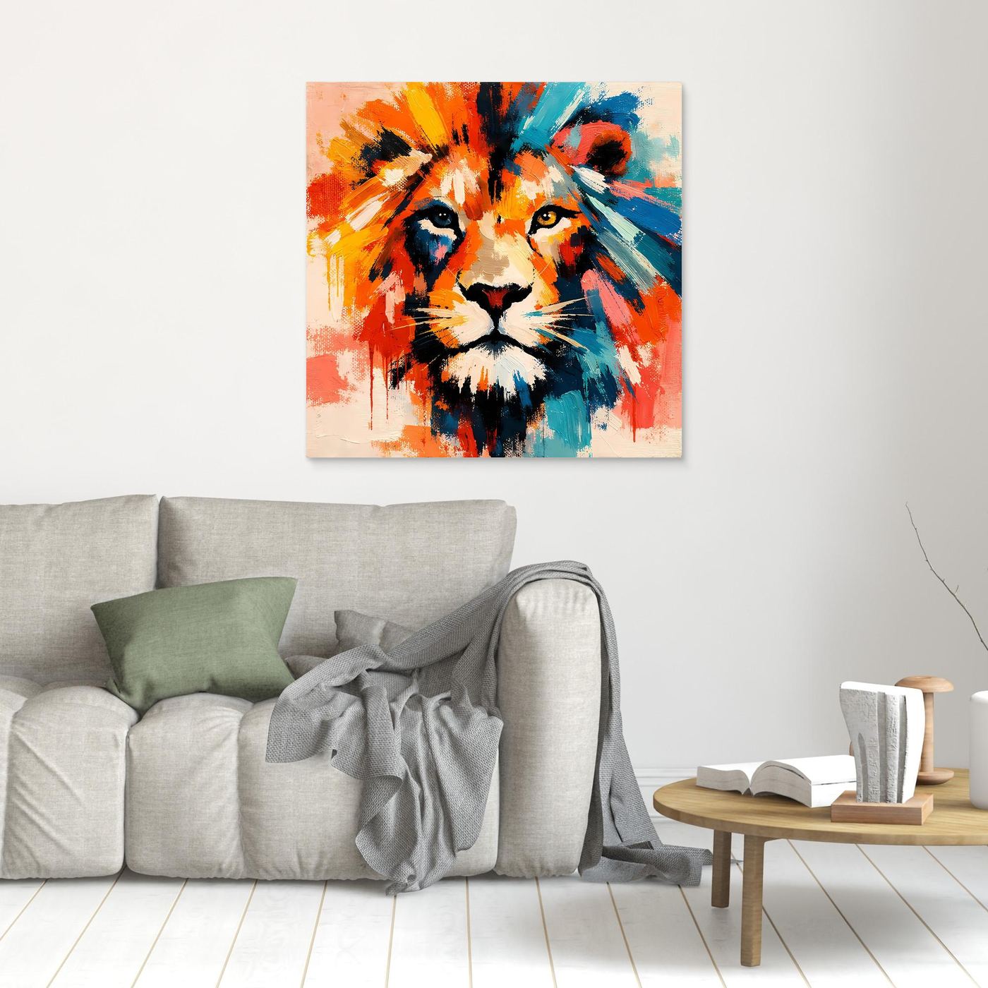 Abstraktes Löwenkopf-Leinwandbild, orange und blau, klein, ohne erkennbaren Rahmen