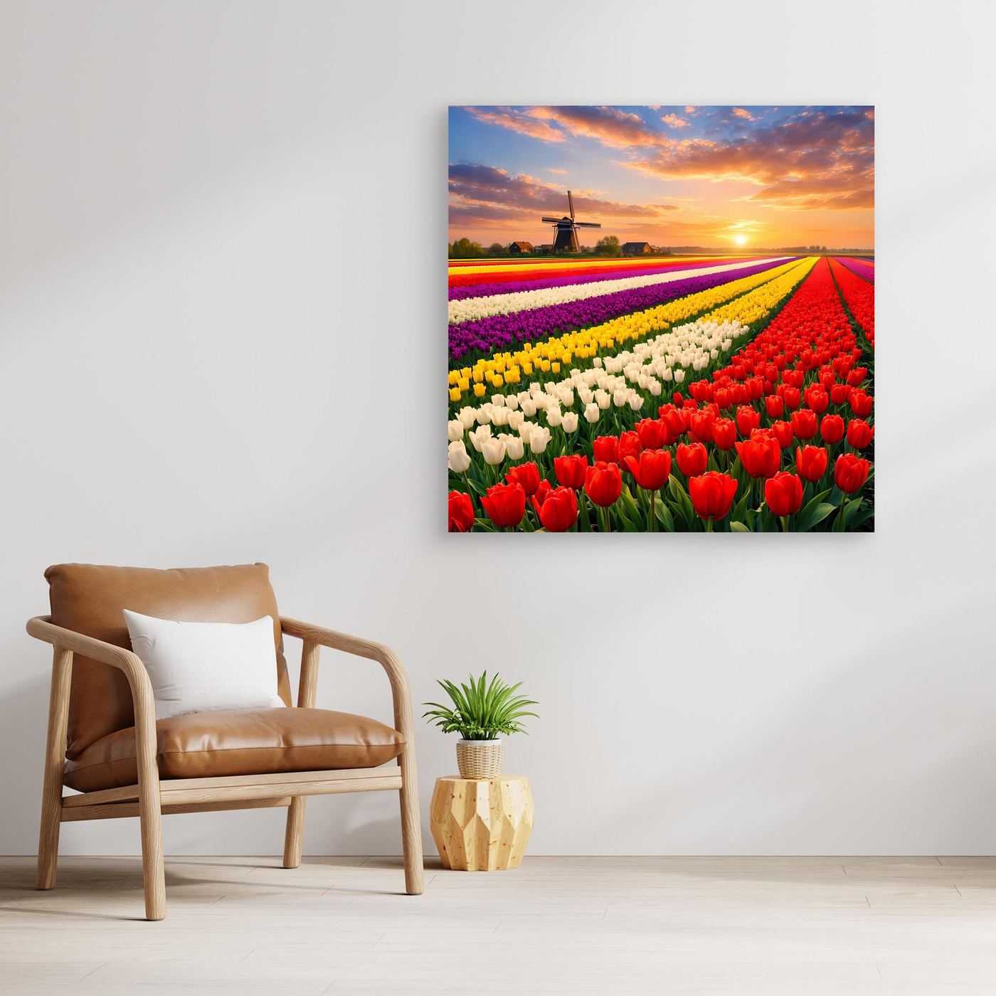 Leinwandbild Tulpenfeld mit Sonnenuntergang, Holzrahmen, farbige Blüten in Rot, Gelb und Lila