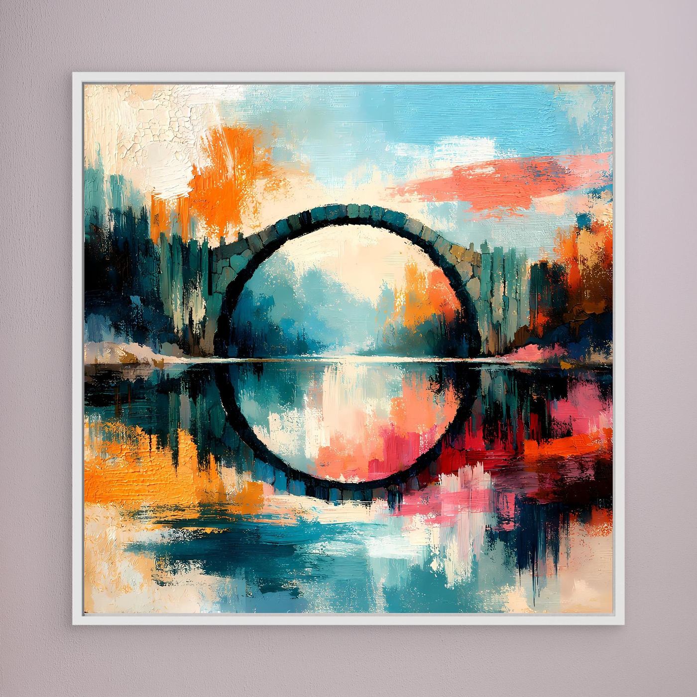 Premium Leinwand Mystische Kreisbrücke im Wasser | Abstraktes Natur Wandbild farbenfroh