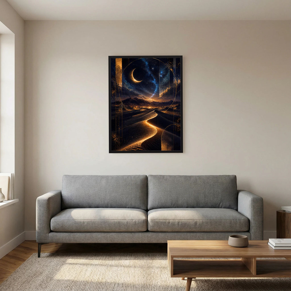 Hochformat-Poster mit Mondsichel und Wüstenlandschaft, im schwarzen Rahmen.