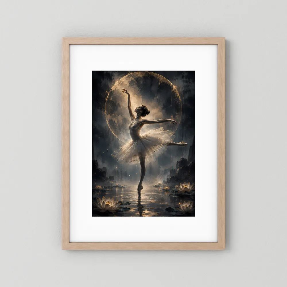 Hochformatiges Poster im hellen Holzrahmen mit weißem Passepartout: Ballerina im Goldlicht