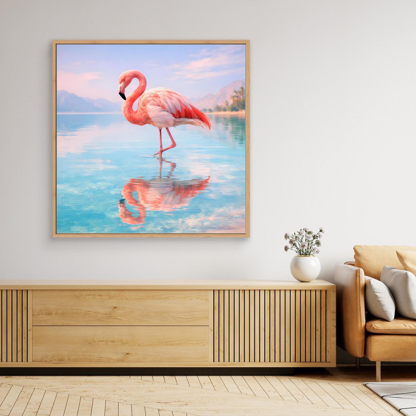 Leinwand-Wandbild mit rosa Flamingo am See, gerahmt in hellem Holz, Spiegelung