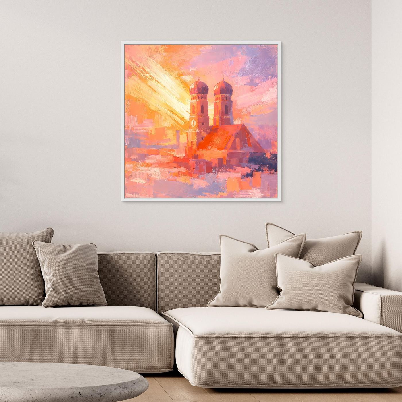 Premium Leinwand Frauenkirche München im Sonnenaufgang | Abstraktes Skyline Wandbild Bayern