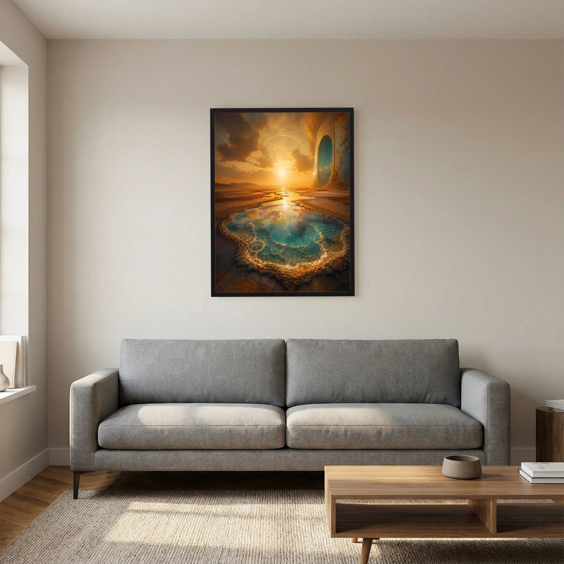 Hochformat-Poster mit schwarzem Rahmen: goldener Sonnenaufgang über türkisfarbenem Becken.