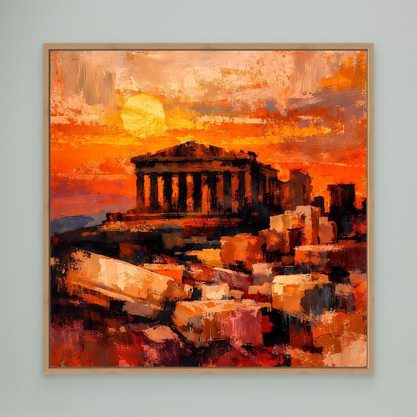 Leinwand-Wandbild mit abstrakter Akropolis-Silhouette in Orange- und Rottönen, brauner Rahmen
