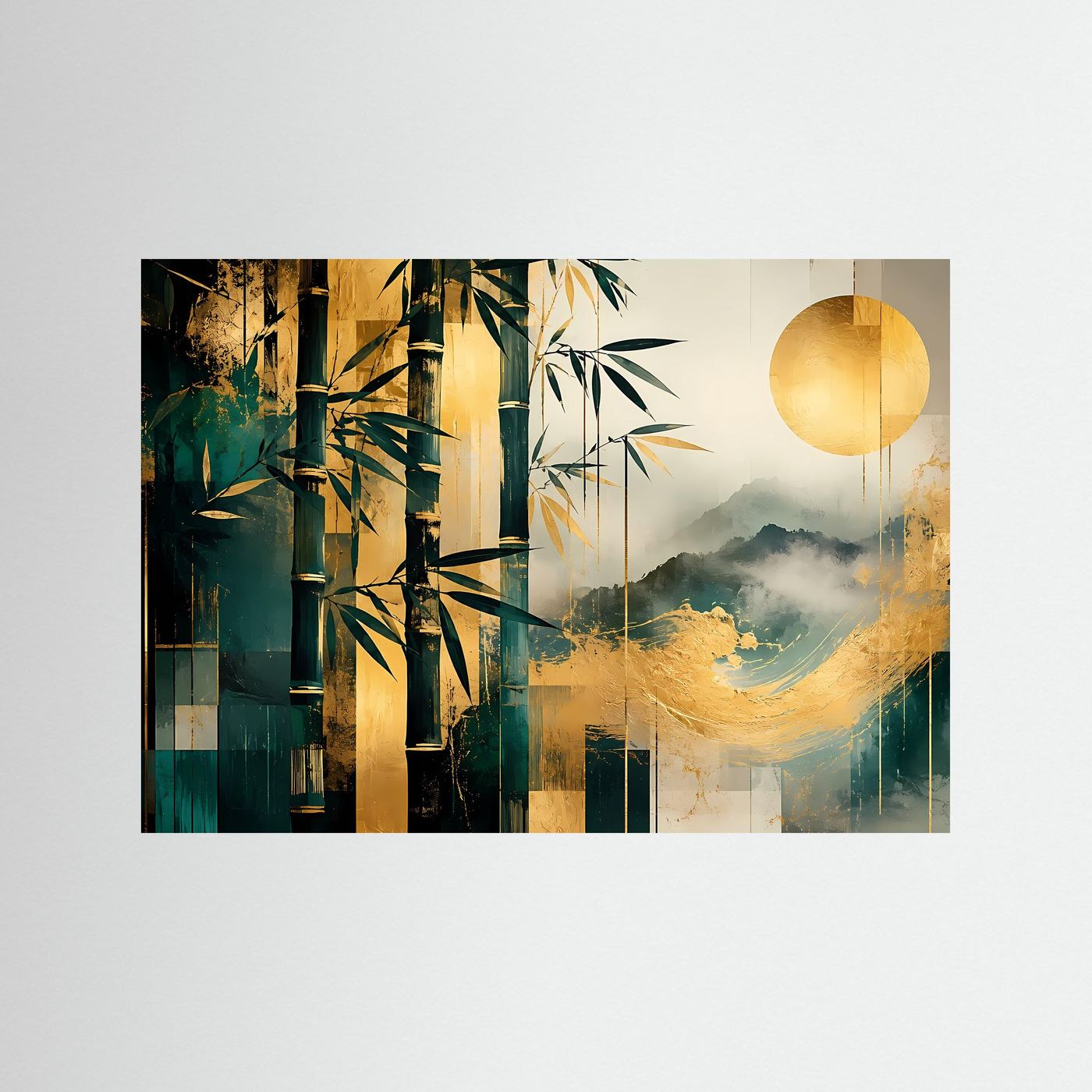 Bambus Gold Poster | Japanische Landschaft Wandbild Modern | Abstrakte Zen Kunst mit Bergen und Sonne