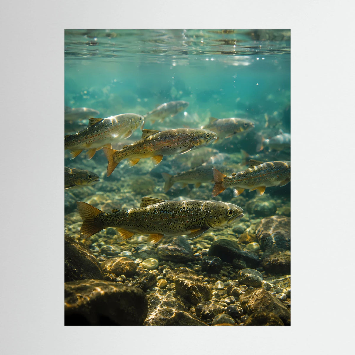 Poster im Hochformat: Forellen im klaren Wasser über Steinen, detailreiche Nahansicht