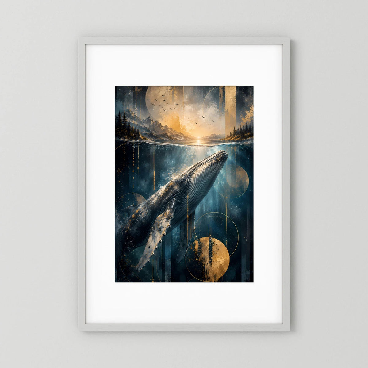 Gerahmtes Hochformat-Poster mit Pottwal unter Wasser in Blau und Gold