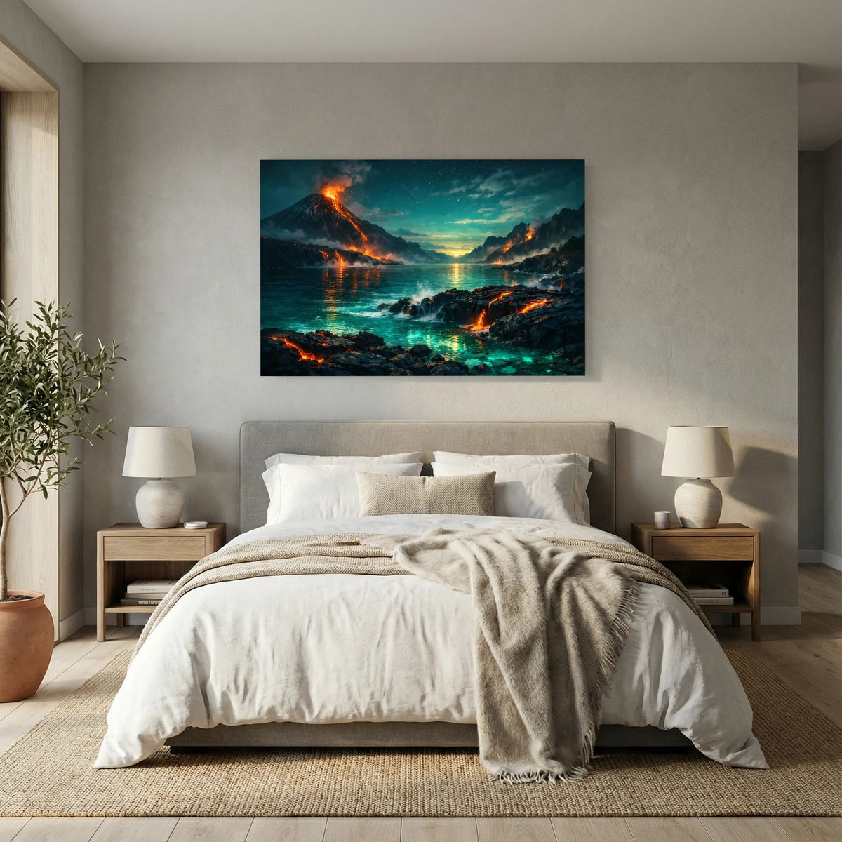 Querformatiges Wandbild mit Vulkanküste am Meer, glühende Lava und türkisfarbenes Licht