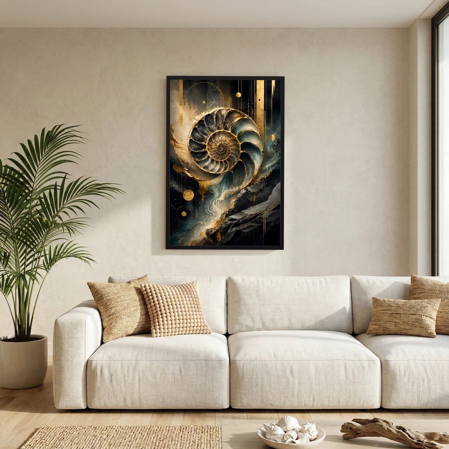 Poster im schwarzen Rahmen mit abstrakter Ammonitenspirale in Gold, Schwarz und Petrol