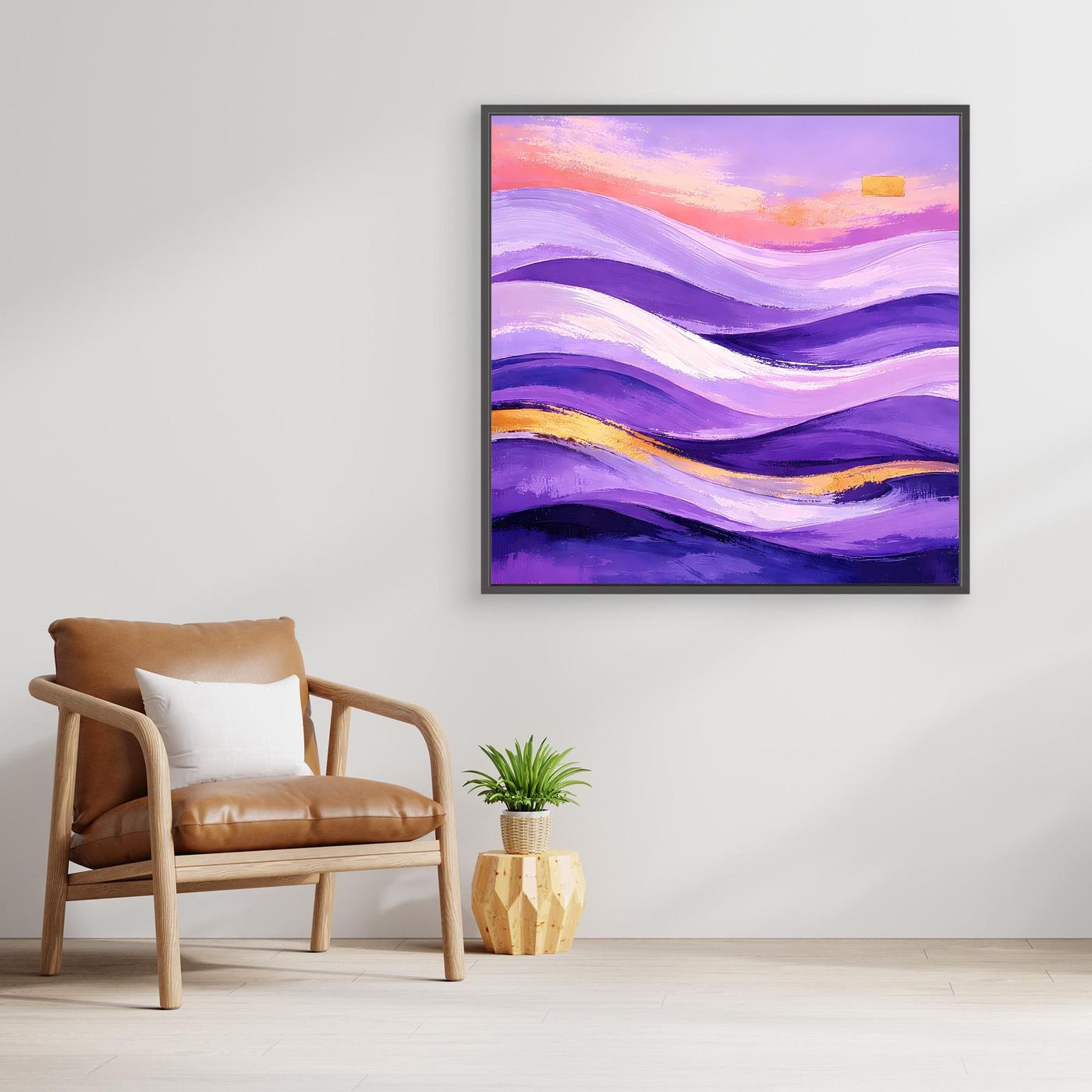 Gerahmtes Leinwandbild: abstrakte Wellenlandschaft in Lila mit orange-goldenen Akzenten