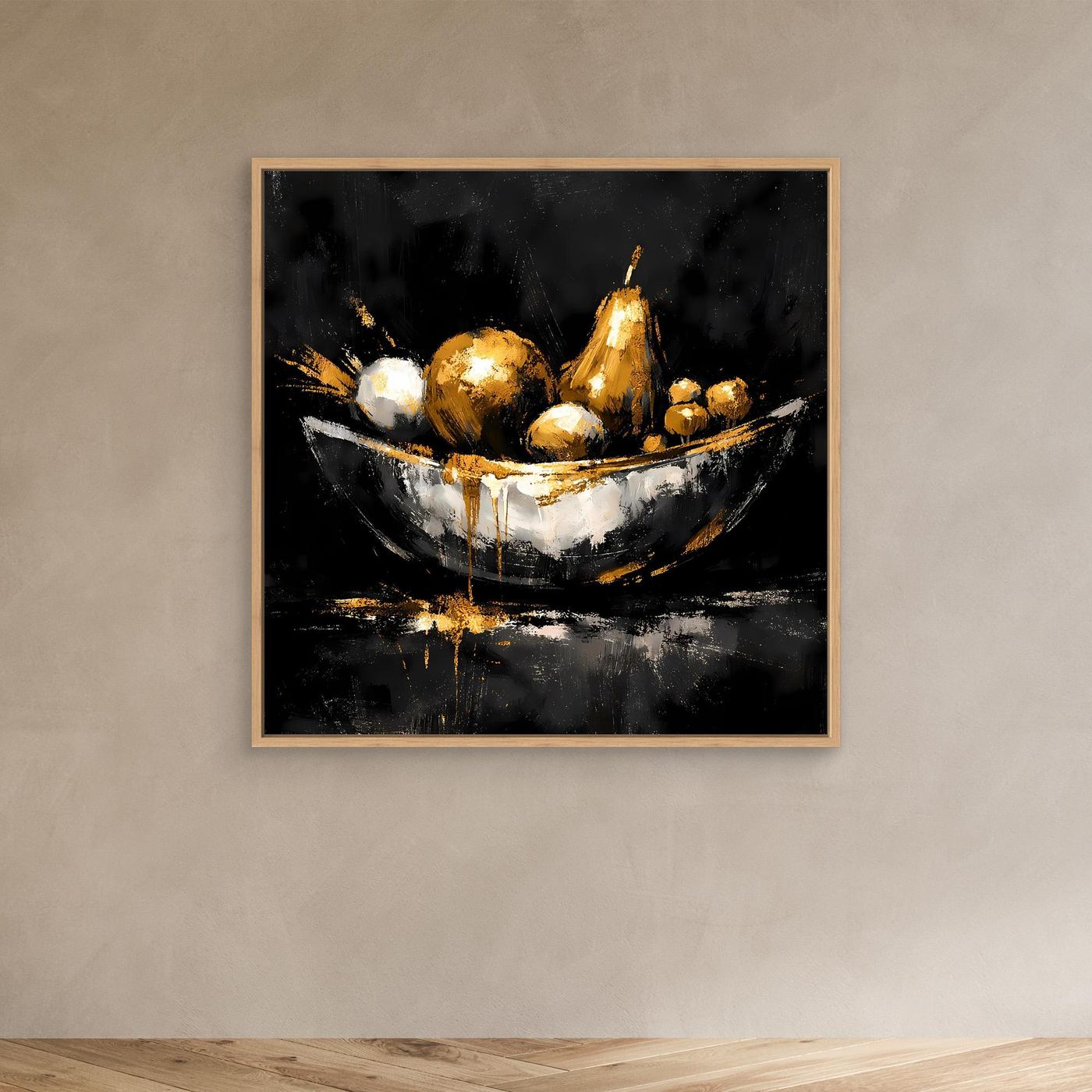 Leinwand Elegante Obstschale in Gold und Silber | Modernes Luxus Stillleben Wandbild