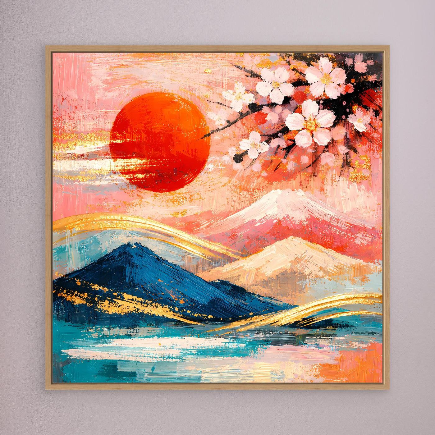 Leinwandbild mit roter Sonne, Kirschblütenzweig und Bergen in Pastellfarben, goldener Rahmen