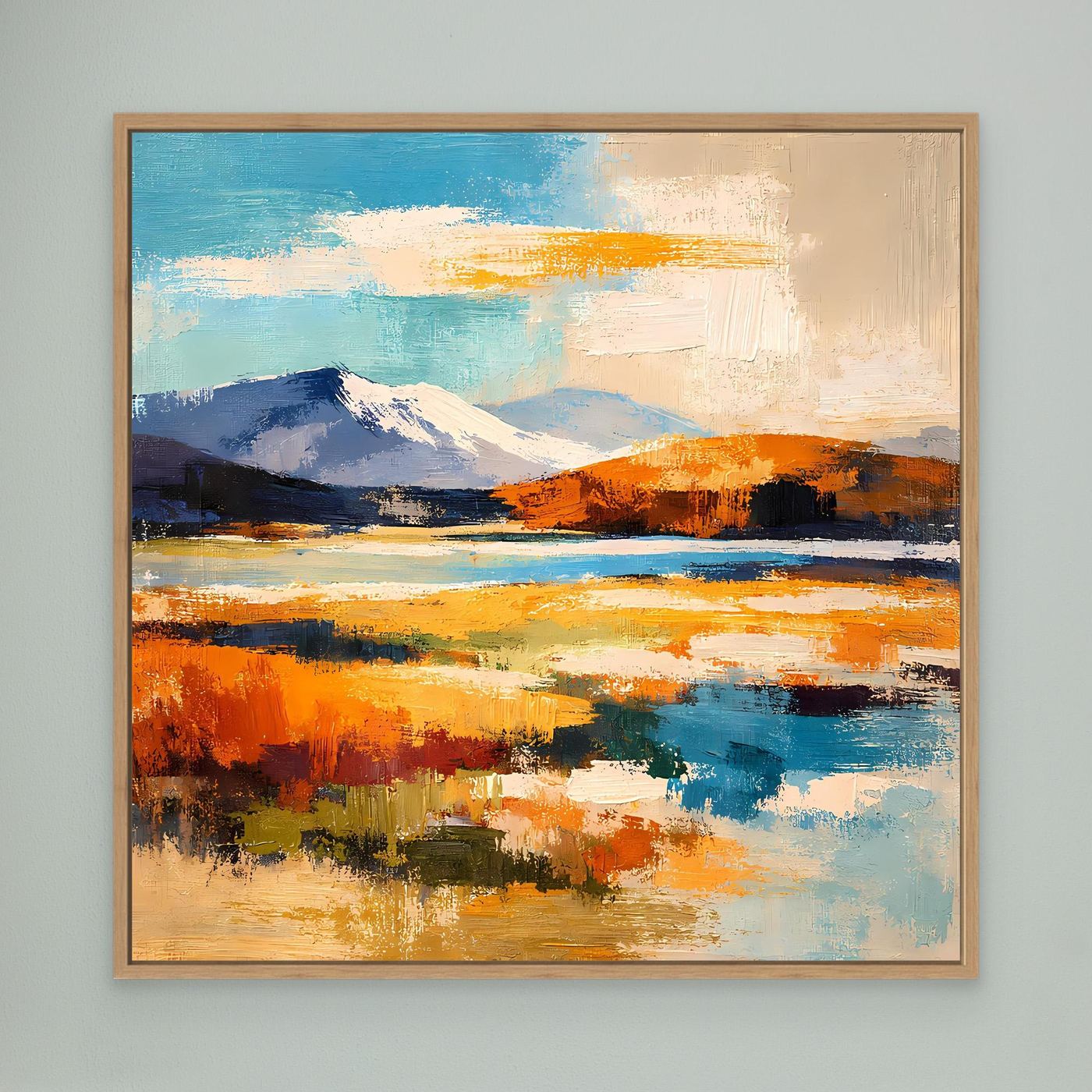 Leinwand-Wandbild mit abstrakten Bergen und Landschaft, blau-orangene Pinselstriche, Eichenrahmen