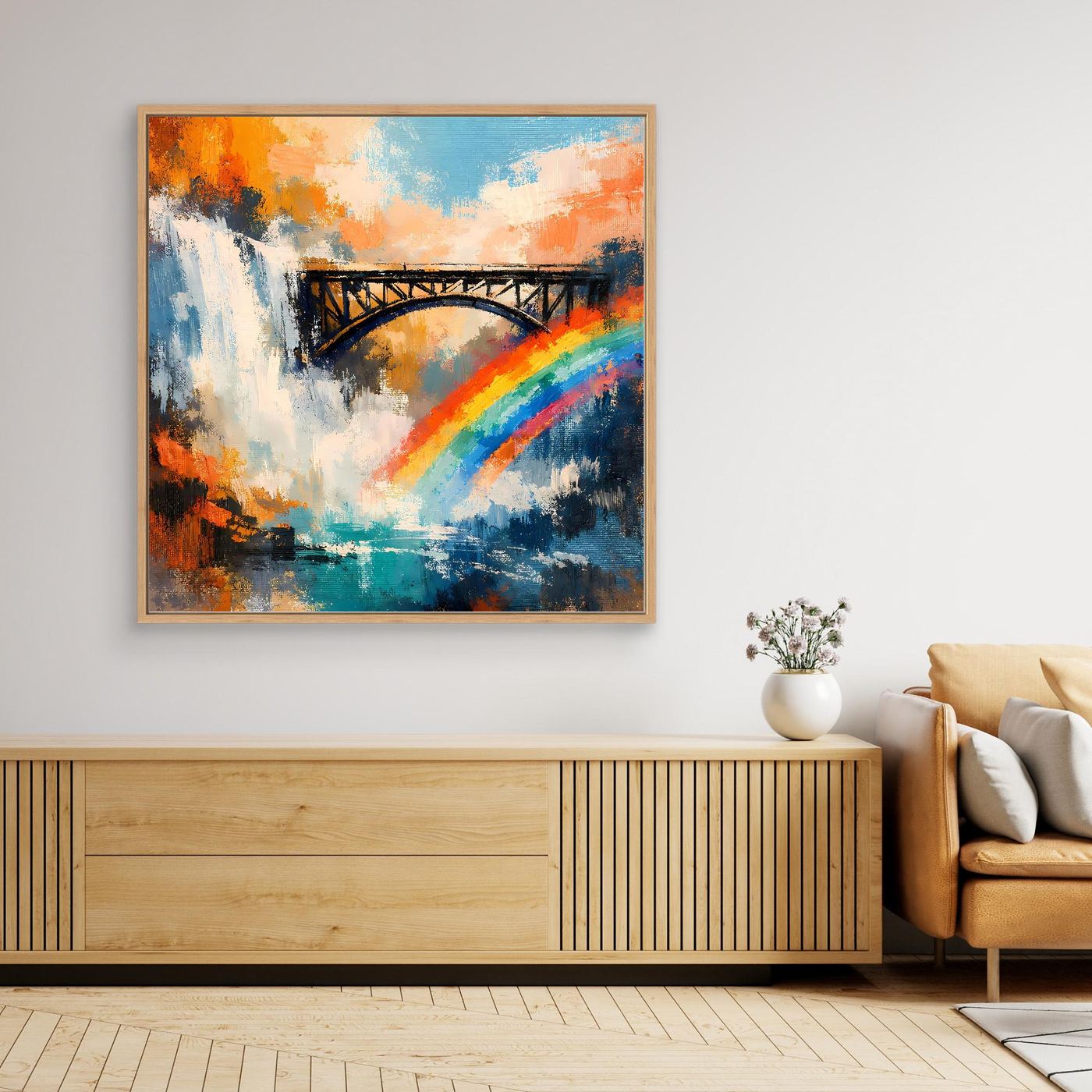 Wandbild mit Wasserfall, Brücke und Regenbogen, rechteckig, hellbrauner Rahmen