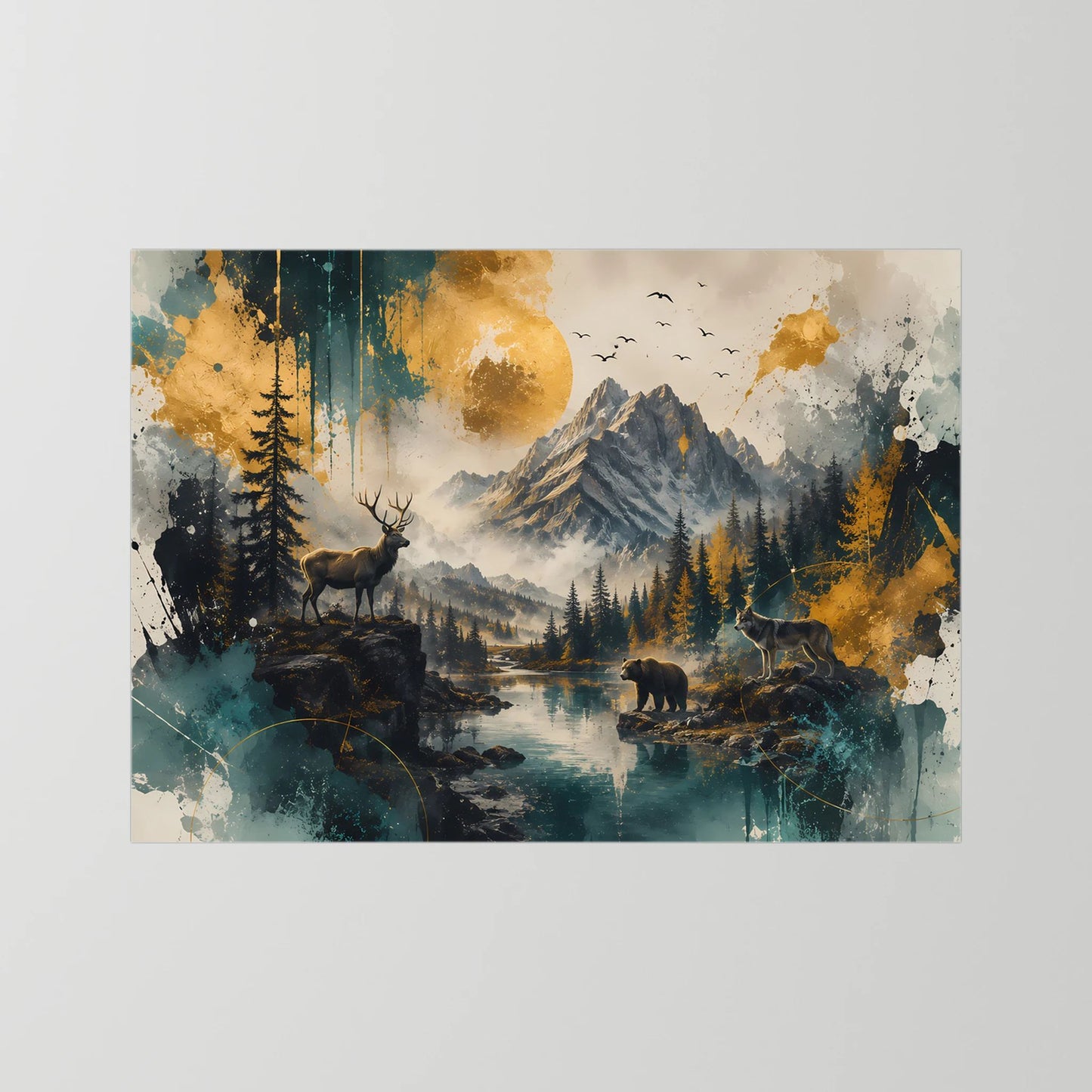 Wildtiere in majestätischer Berglandschaft | Hirsch Wolf und Bär | Poster Querformat