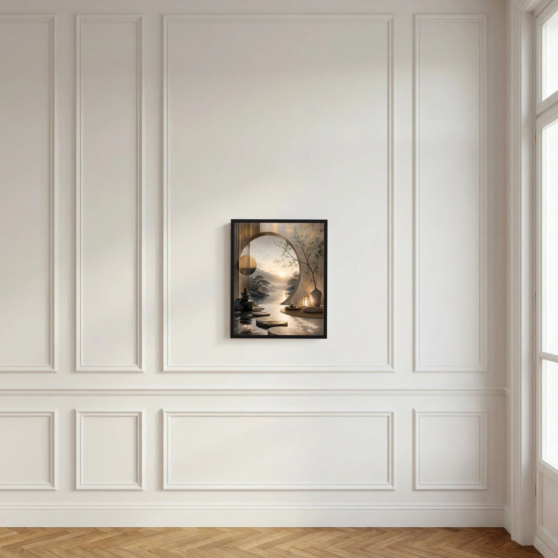 Hochformat-Poster im schwarzen Rahmen mit asiatischer Zen-Landschaft, rundem Mond und Steinen am Ufer