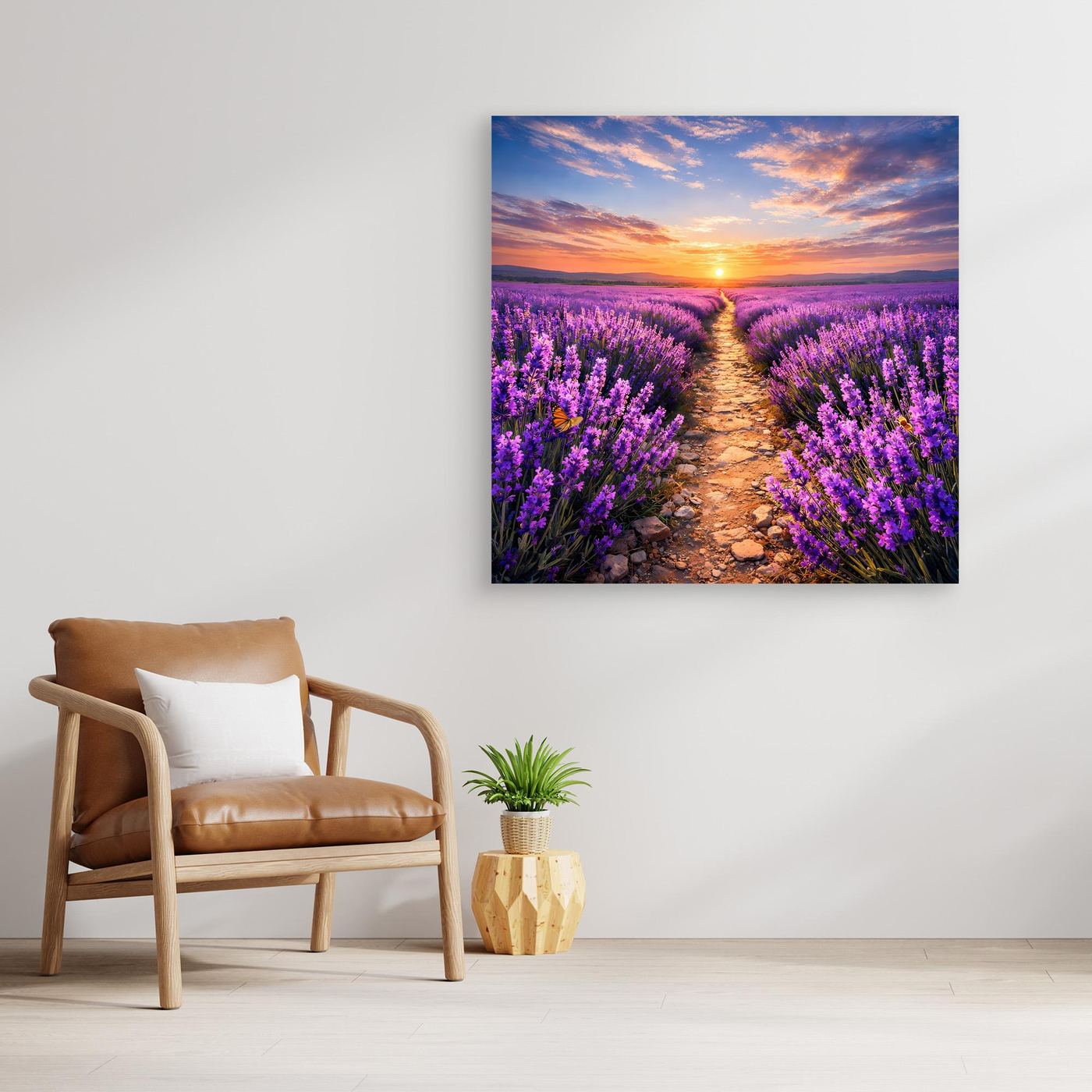 Wandbild auf Leinwand: Lavendelfeld mit Weg, Sonnenuntergang in warmen Farbtönen