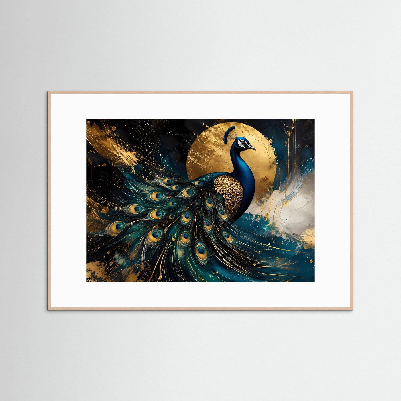 Pfauen-Wandbild im naturfarbenen Holzrahmen mit weißem Rand: Pfau in Blau und Gold