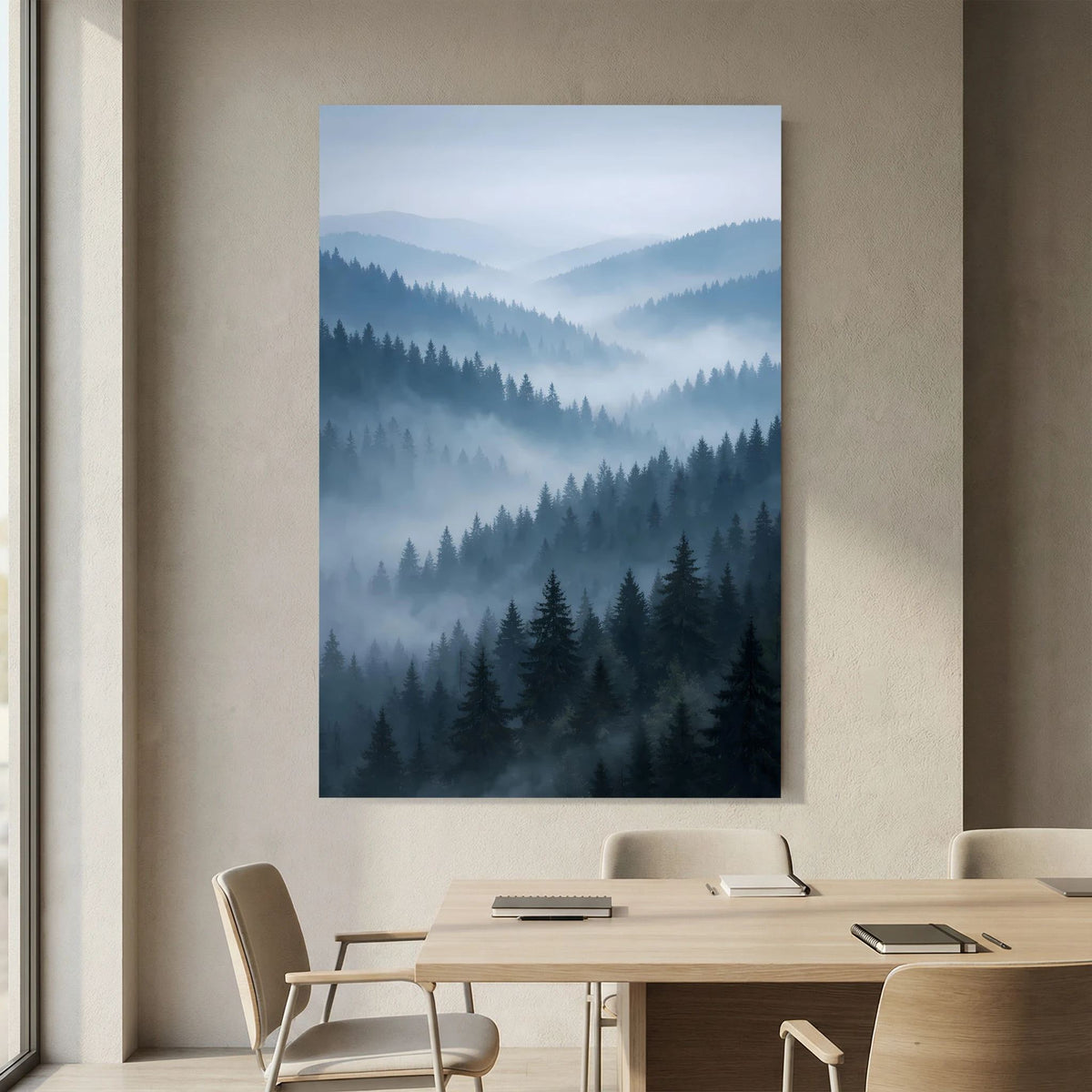 Hochformatiges Naturposter mit nebligem Tannenwald in Blautönen und Grau.