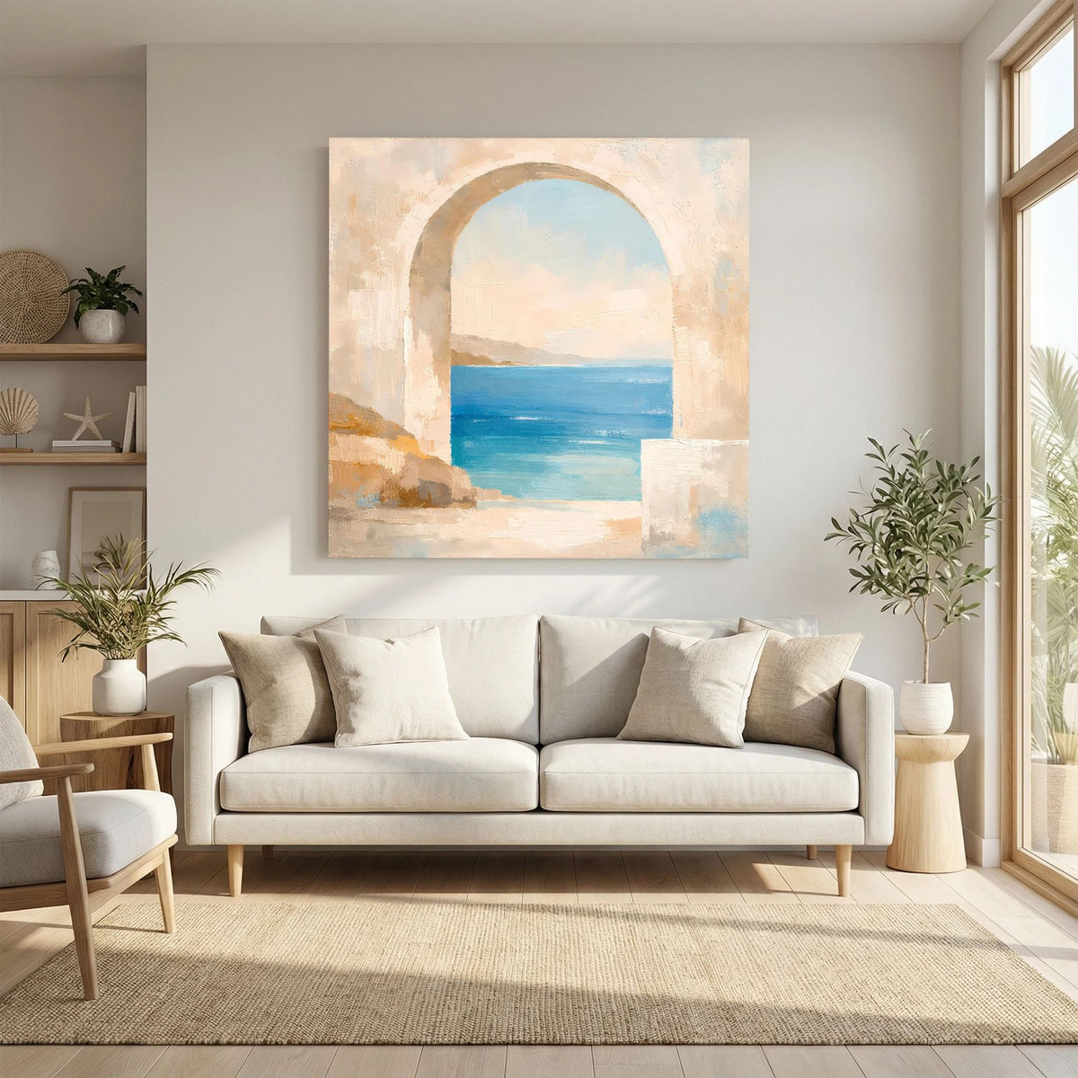 Abstraktes Leinwandbild: Rundbogenfenster über türkisblauem Meer, beige und helle Himmelflächen