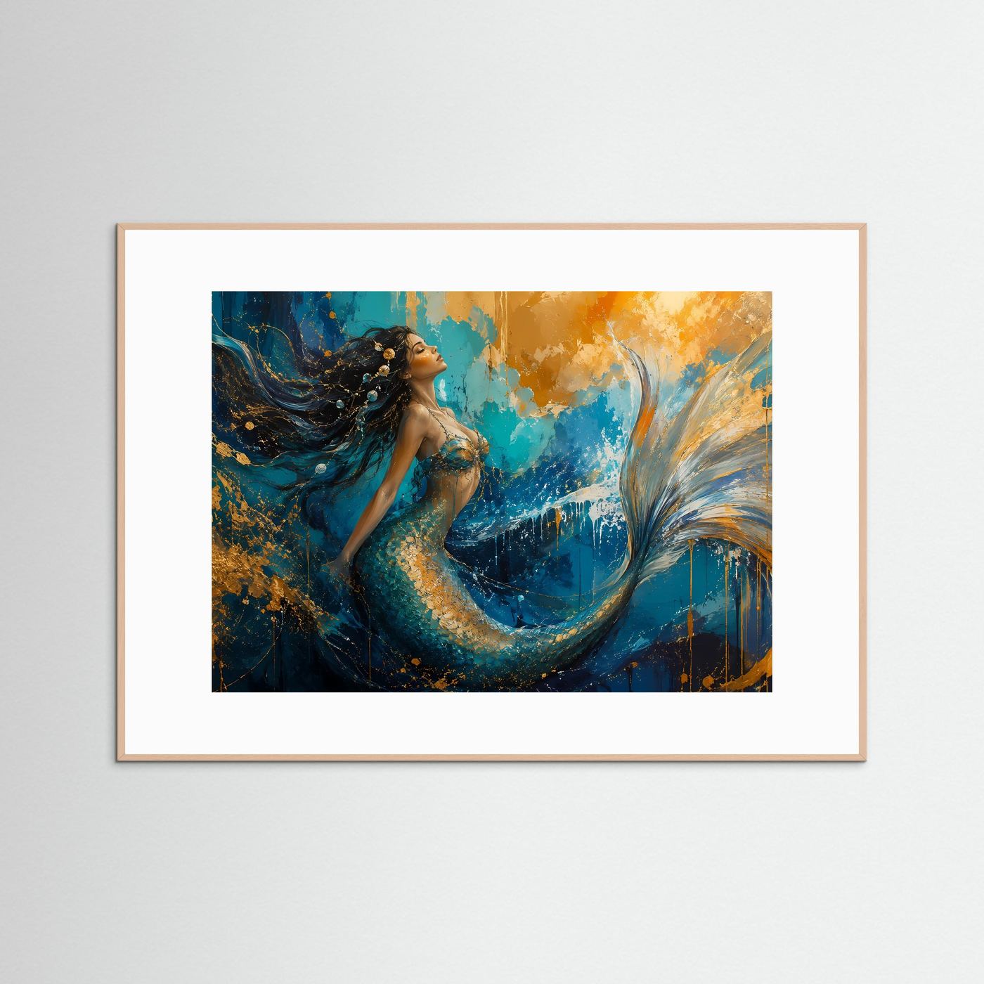 Wandbild mit Meerjungfrau in Blau und Gold, beige Holzrahmen