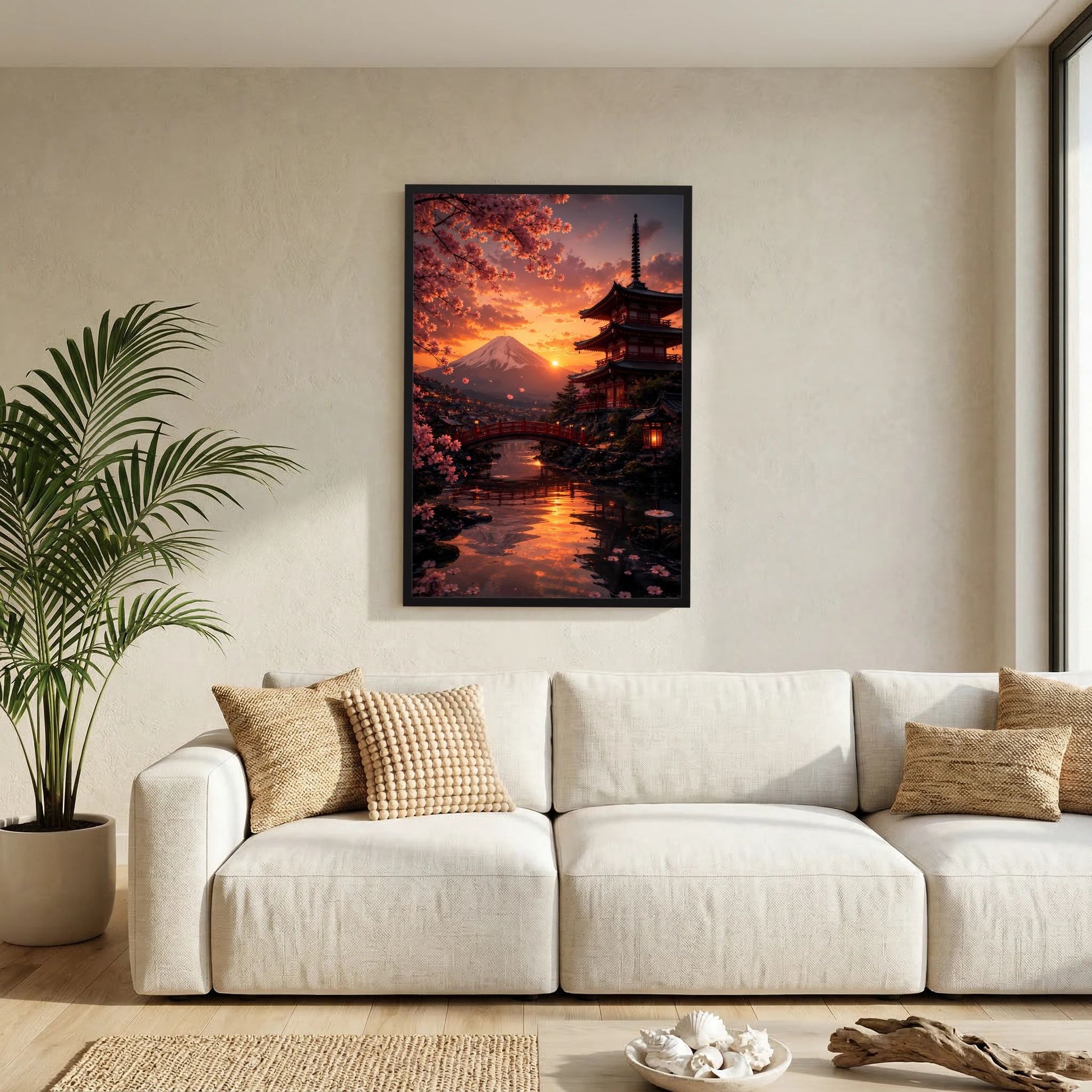 Hochformatiges Poster mit schwarzem Rahmen, japanischer Tempel bei Sonnenuntergang und Kirschblüten