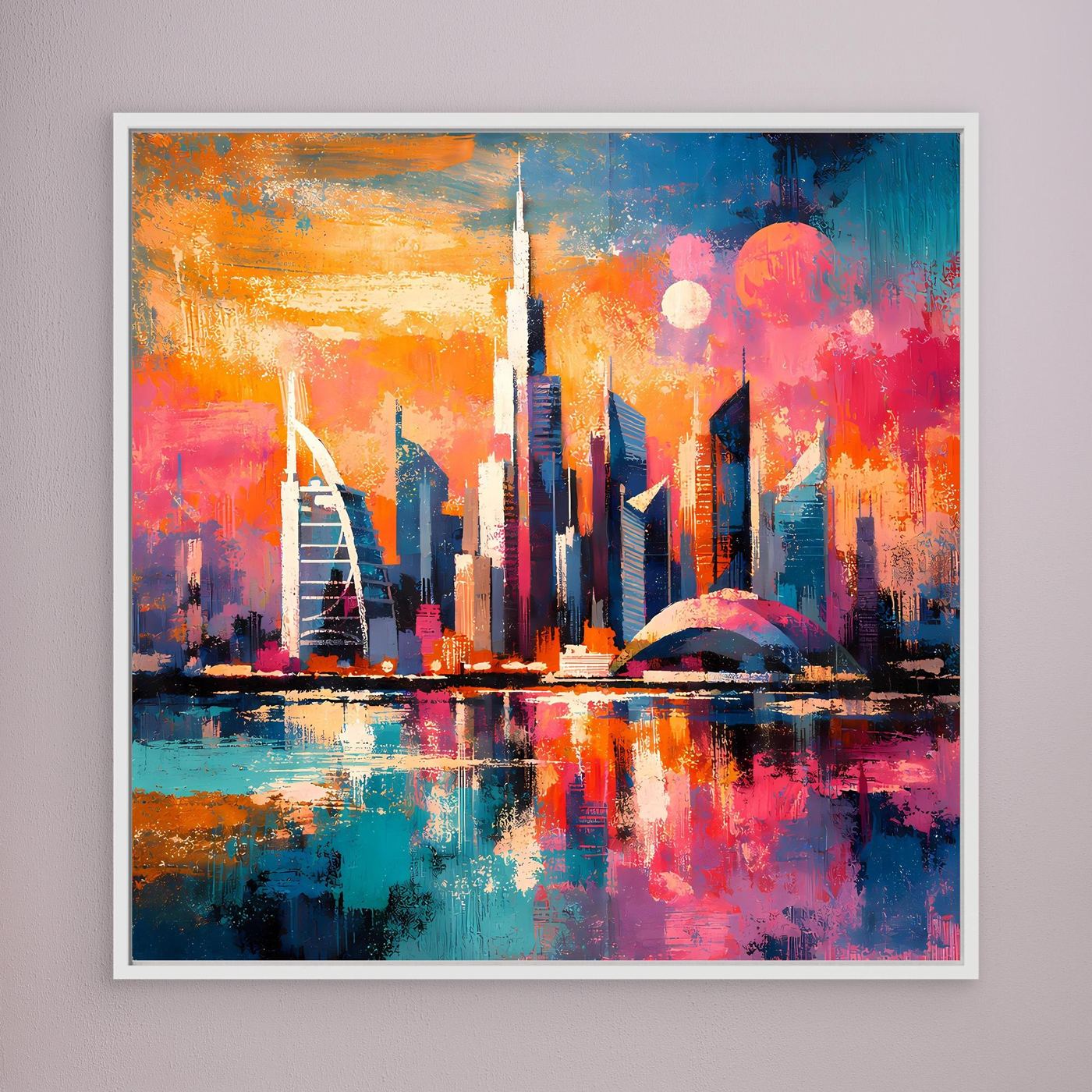 Abstraktes Leinwandbild: bunte Dubai-Skyline bei Nacht, Spiegelung im Wasser