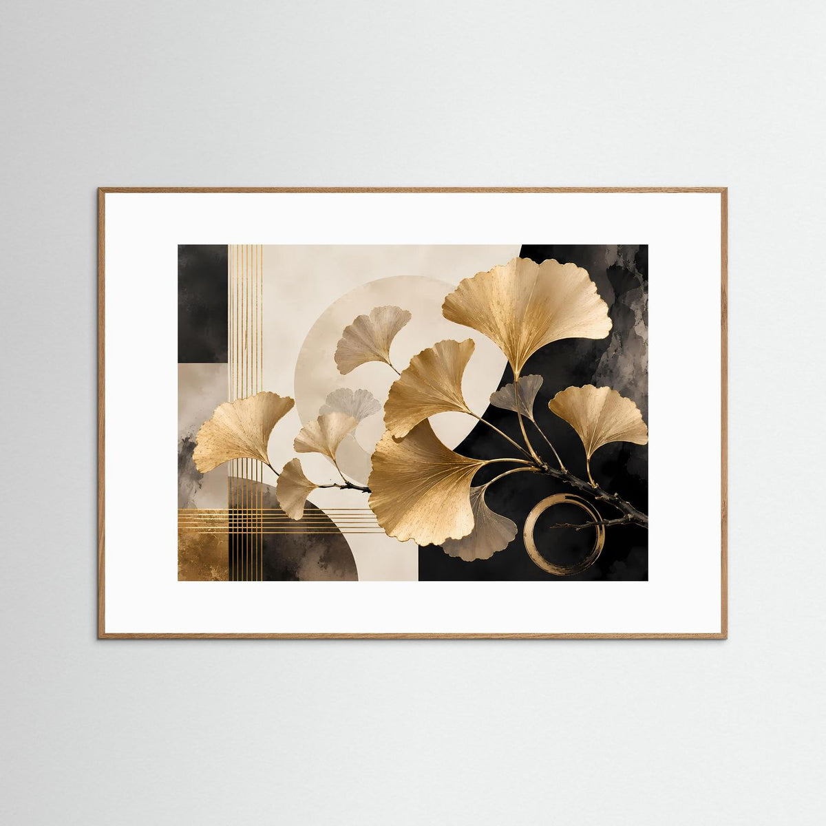 Botanisches Wandbild mit Ginkgo-Blättern in Goldtönen, mittelbrauner Holzrahmen, weißes Passepartout