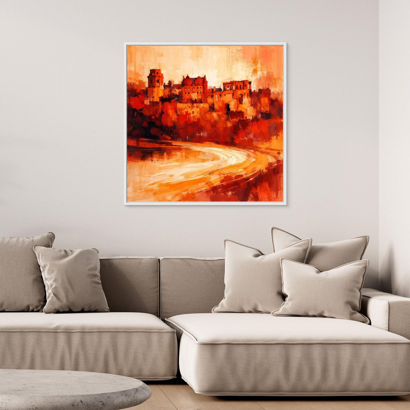 Leinwand Heidelberger Schloss im Abendlicht | Abstraktes Rot‑Ocker Wandbild mit Struktur und Tiefe
