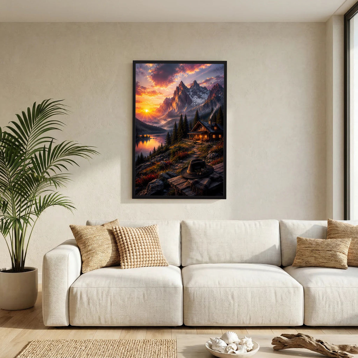 Poster mit Alpenlandschaft bei Sonnenuntergang, Berge, See und Hütte im schwarzen Rahmen