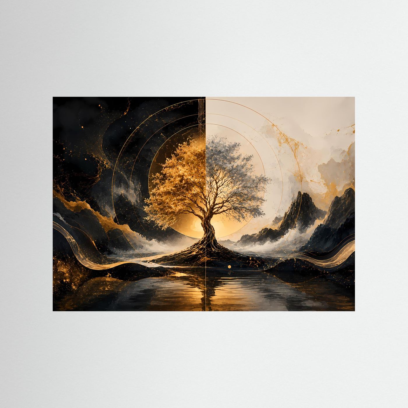 Baum des Lebens in Schwarz & Gold | Mystische Landschaftskunst mit Bergen